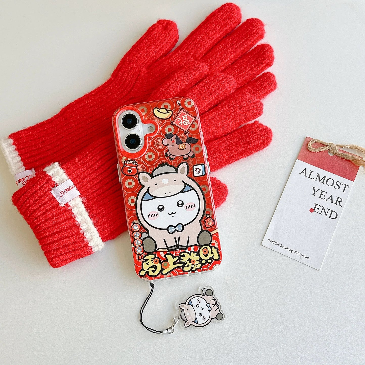 Japanese Cartoon ChiiKawa Laser Phone Case with Strap | Red Horse ChiiKawa Hachiware Usagi - iPhone Case PLUS SE2 11 12 13 14 15 16 16e 17 17e Pro Promax 12mini 13mini