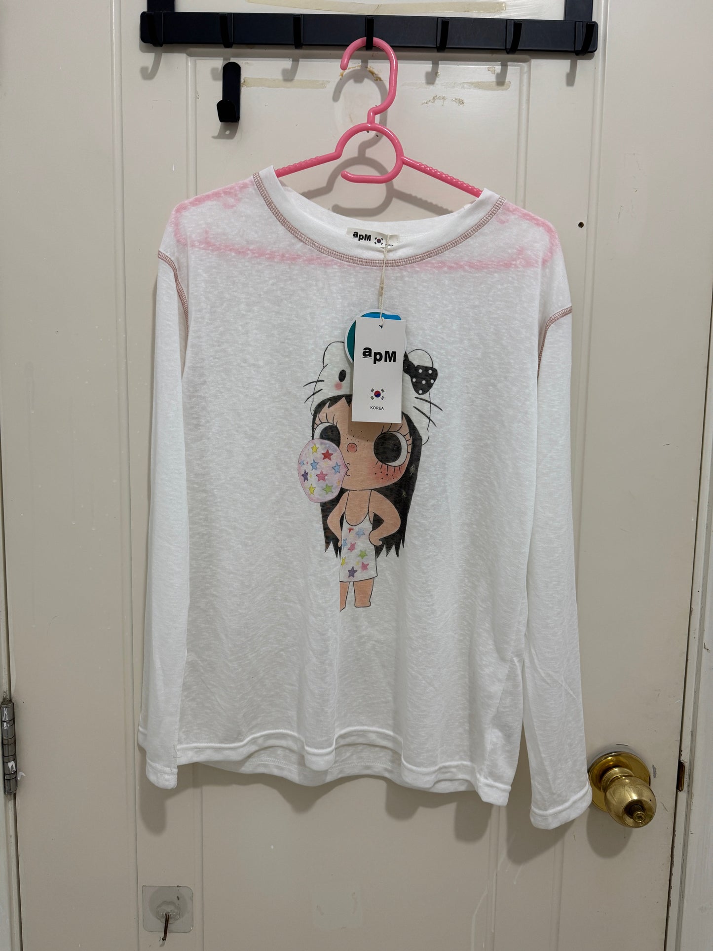 Korean Fashion Artists Style Long-sleeved Sun Protection T-Shirt Series | Little Girl Yuk with Kitty Hat and Star Bubble - Kawaii Fashion Items
