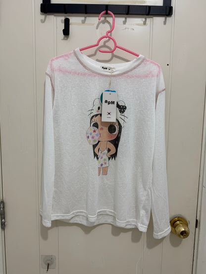 Korean Fashion Artists Style Long-sleeved Sun Protection T-Shirt Series | Little Girl Yuk with Kitty Hat and Star Bubble - Kawaii Fashion Items