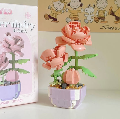 Mini Block Building Flower Dairy | Rose Sunflower Peony Daisy Tulip - Tiny Particle Assembly DIY Handmade Gift