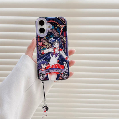 Japanese Cartoon Sailor Moon Phone Case with Strap Comic Version | Laser Glass Window Sailor Moon Mercury Mars Jupiter Venus - Phone Case Samsung Galaxy S26 S25 S24 S23 S22 S21 FE Ultra Edge