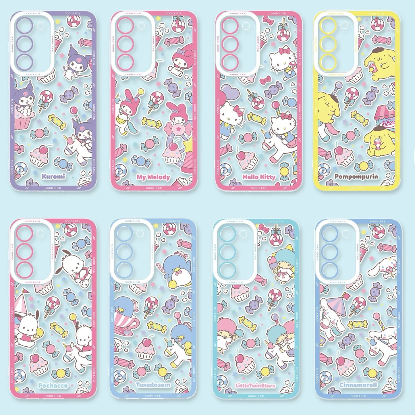 Japan Cartoon Sanrio Full Screen Sweets Pastel Style | Kuromi My Melody Hello Kitty Pompompurin Pochacco Tuxedosam Little Twin Stars Cinnamoroll- Phone Case Samsung Galaxy S26 S25 S24 S23 S22 S21 FE Ultra Edge