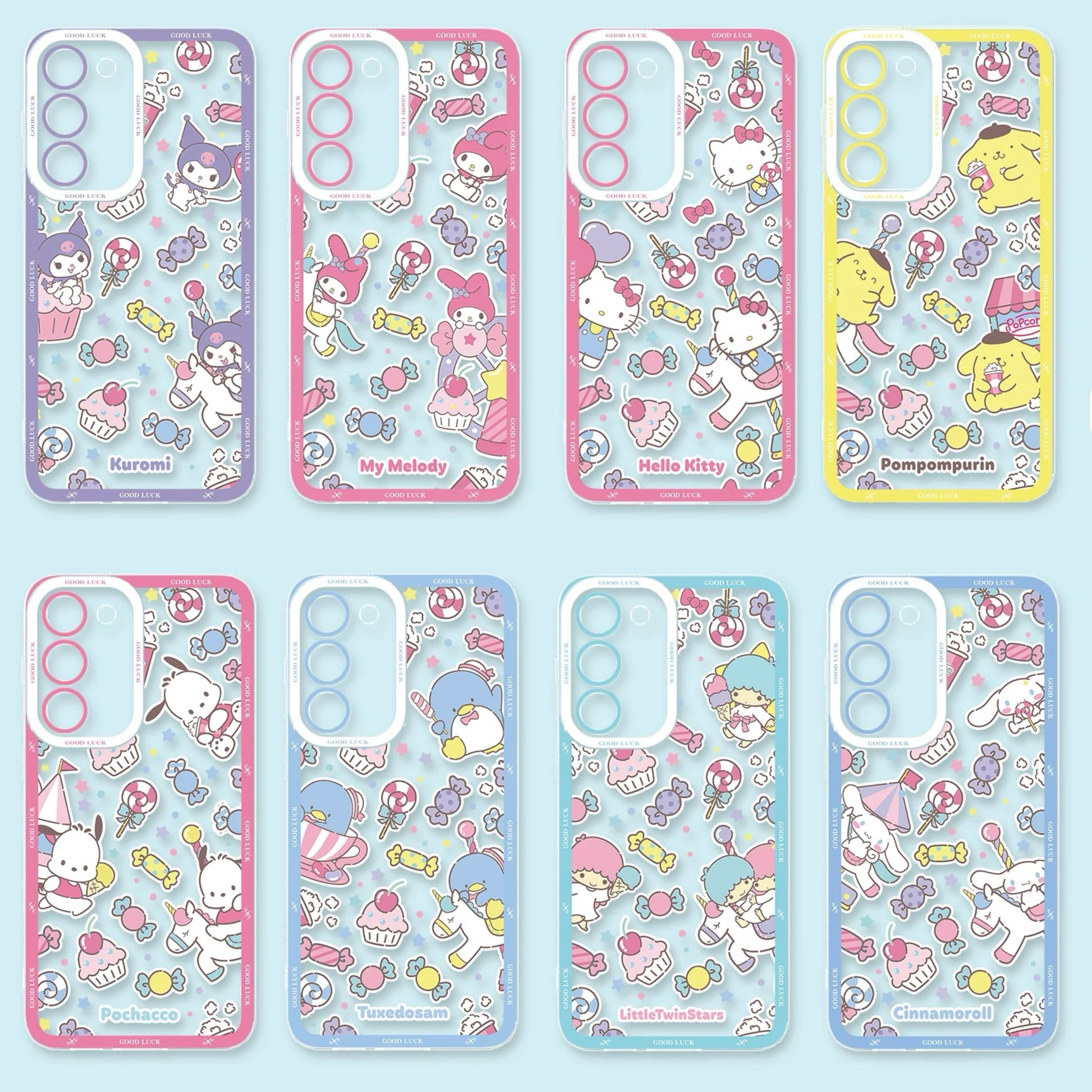 Japan Cartoon Sanrio Full Screen Sweets Pastel Style | Kuromi My Melody Hello Kitty Pompompurin Pochacco Tuxedosam Little Twin Stars Cinnamoroll- Phone Case Samsung Galaxy S26 S25 S24 S23 S22 S21 FE Ultra Edge