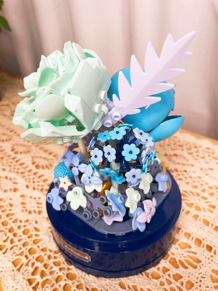 Block Building Romantic Flower Music Box | Blue Rose Autumn Flower - DIY Valentine Wedding Handmade Gift