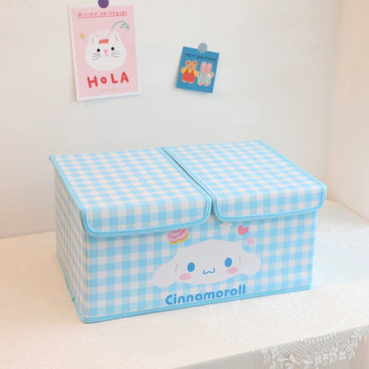 Japanese Cartoon 2 Covers Colourful Checkered Pattern Storage Box with Cover | Hello Kitty My Melody Kuromi Little Twin Stars Cinnamoroll Pompompurin Pochacco KeroKeroKeroppi Bad Badtz Maru - Bedroom Girl Gift