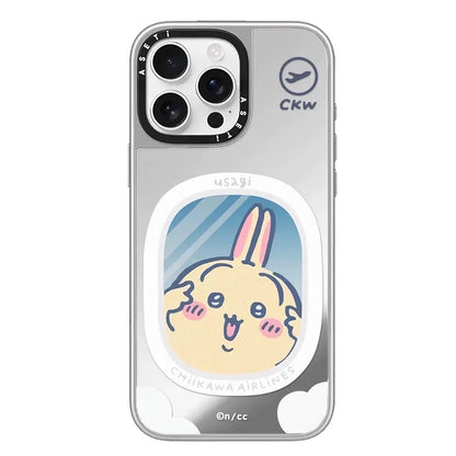 Japanese Cartoon ChiiKawa Clear with Mirror Silver Frame Phone Case | ChiiKawa Hachiware Usagi Aeroplane Window Wear Sunglass and Eating Ice Cream Blue - iPhone Case 12 13 14 15 16 17 Pro Promax