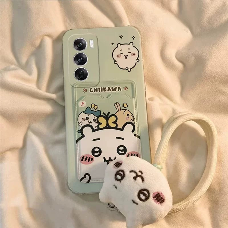 Japanese Cartoon Chiikawa | ChiiKawa Hachiware Usagi Happy Good with Card Holder & Handle Strap - Phone Case Samsung Galaxy S25 S24 S23 S22 S21 FE Ultra Edge