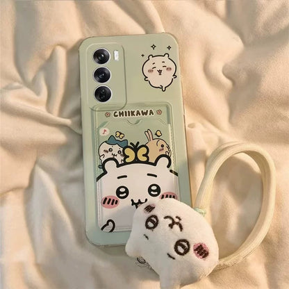 Japanese Cartoon Chiikawa | ChiiKawa Hachiware Usagi Happy Good with Card Holder & Handle Strap - Phone Case Samsung Galaxy S25 S24 S23 S22 S21 FE Ultra Edge