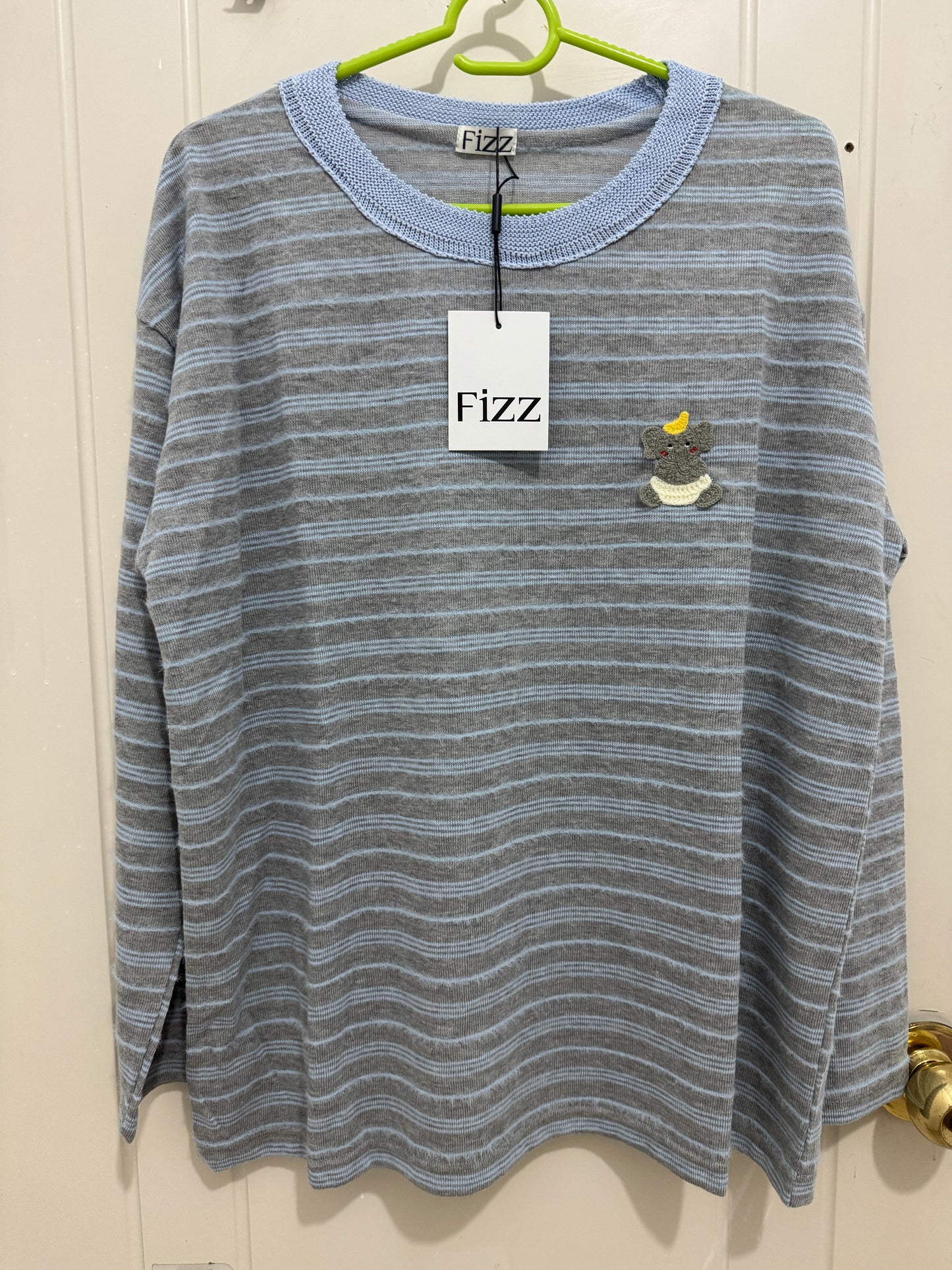 Korean Fashion Autumn Wool Long-sleeved Series | Blue & Grey Stripe with Baby Elephant - Kawaii Fashion Items