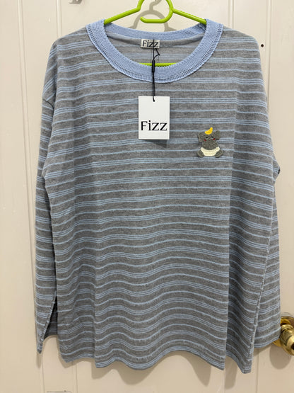 Korean Fashion Autumn Wool Long-sleeved Series | Blue & Grey Stripe with Baby Elephant - Kawaii Fashion Items