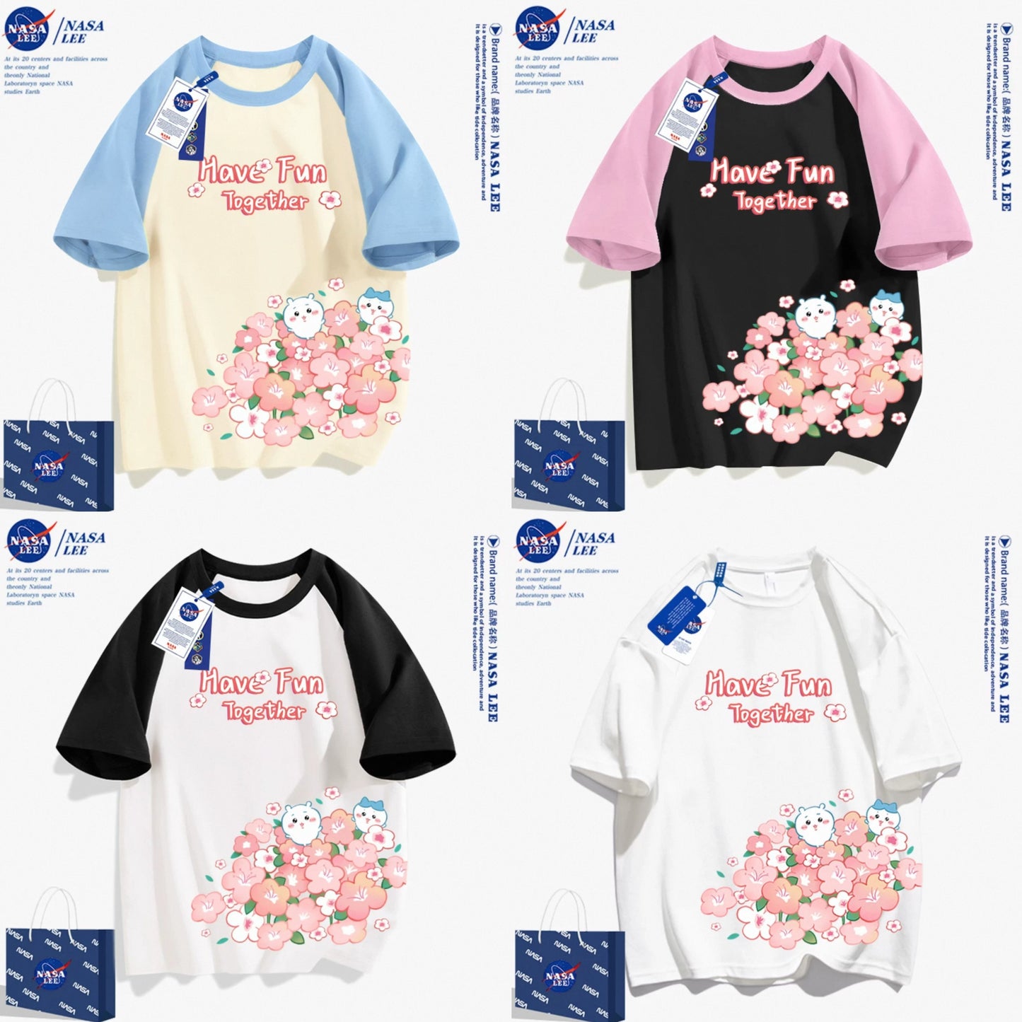 Japanese Cartoon ChiiKawa Casual Style T-Shirt Series | Chiikawa Hachiware Have Fun with Flower - Kawaii Fashion Items