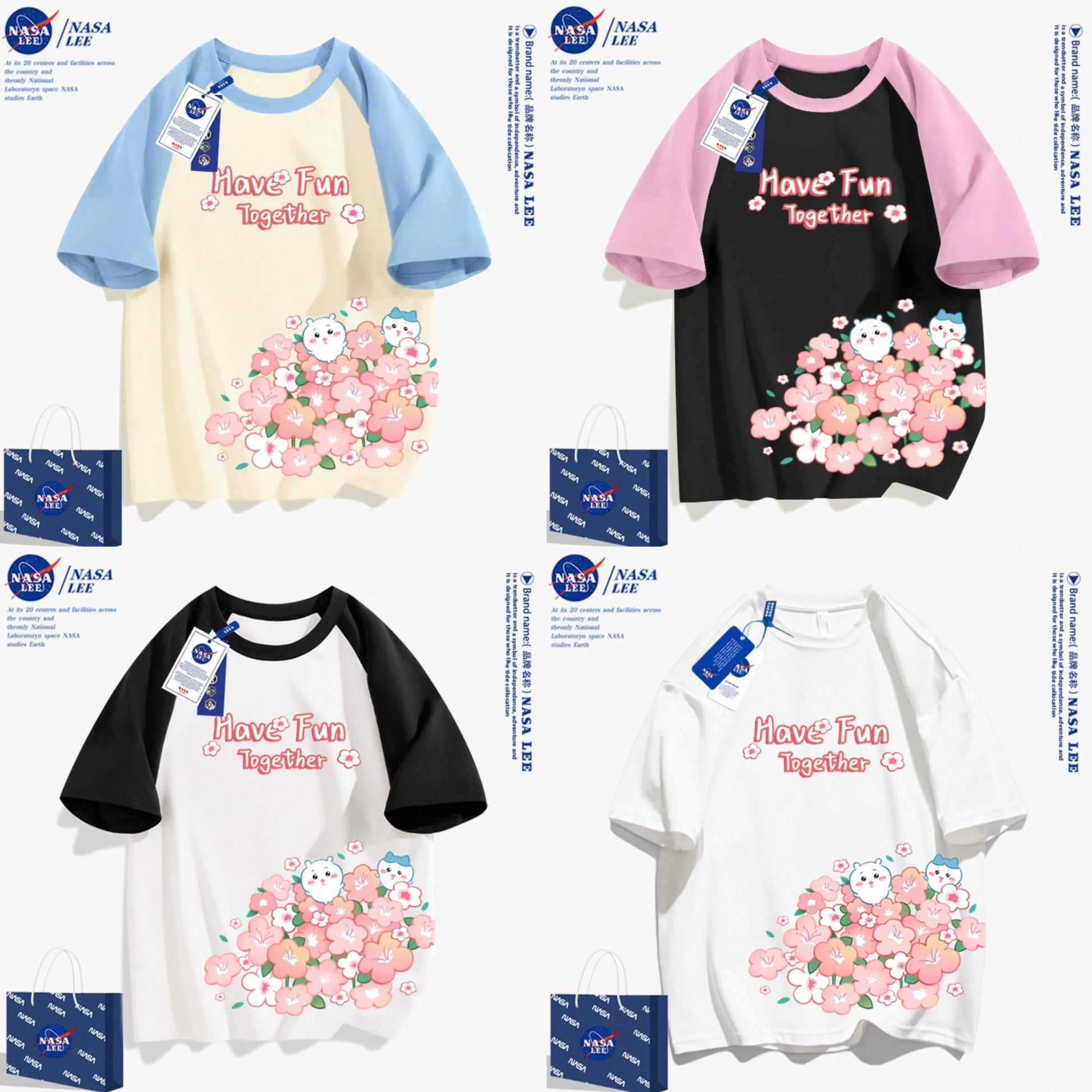 Japanese Cartoon ChiiKawa Casual Style T-Shirt Series | Chiikawa Hachiware Have Fun with Flower - Kawaii Fashion Items