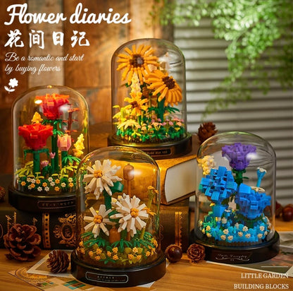 Mini Block Building Block Flower Diaries with Cover | Rose Daisy Cactus Sunflower Jasmine - with LED Lights Valentine Gift DIY Handmade Gift