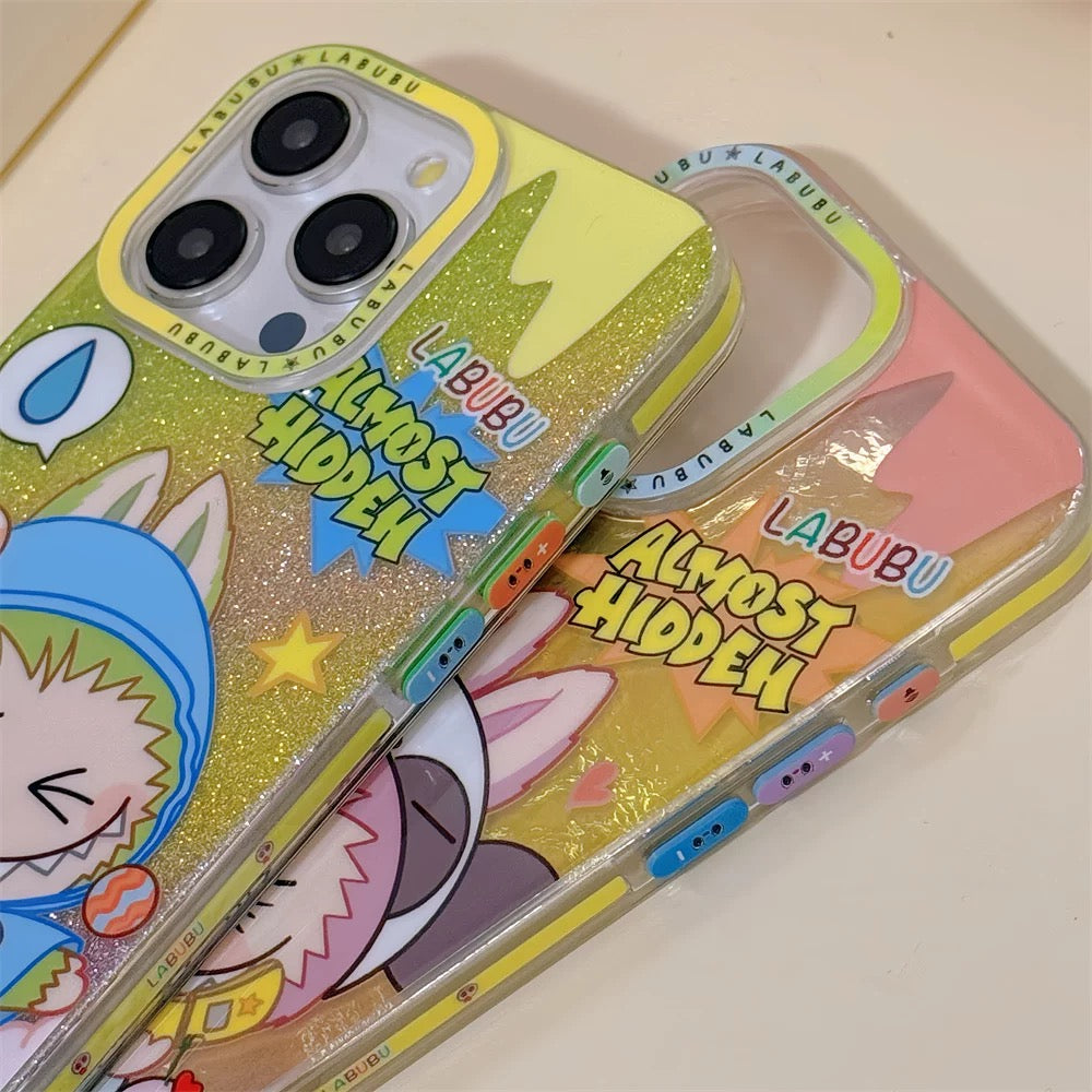 Cute Cartoon Labubu Outing with Fashion | Blue & Pink Glitter - iPhone Case 12 13 14 15 Pro Promax