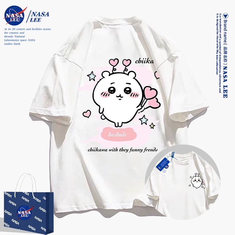 Japanese Cartoon ChiiKawa Casual Style T-Shirt Series | Chiikawa Heart Cheer Up Front & Back - Kawaii Fashion Items
