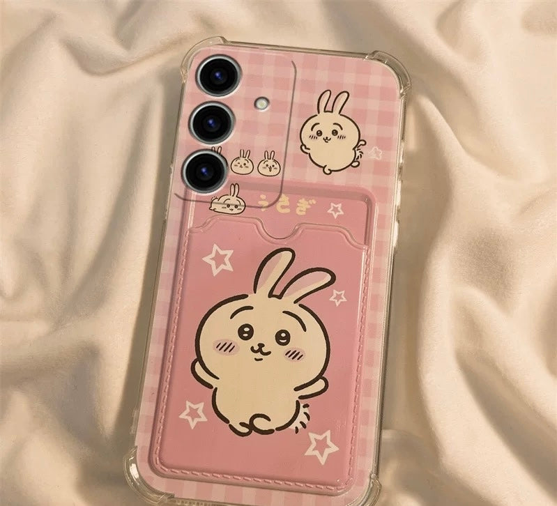 Japanese Cartoon Chiikawa | ChiiKawa Hachiware Usagi with Card Holder & Handle Strap - Phone Case Samsung Galaxy S25 S24 S23 S22 S21 FE Ultra Edge