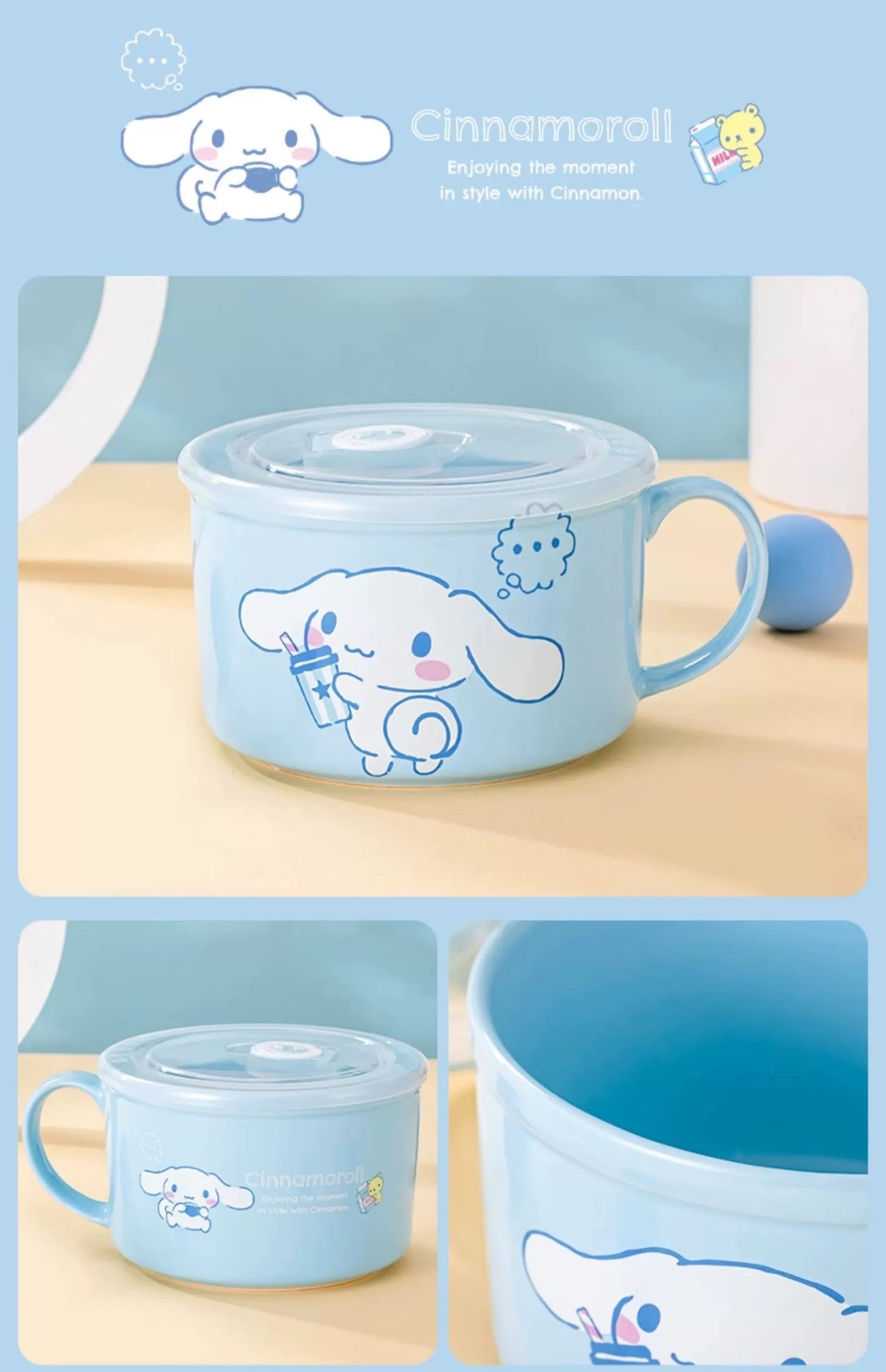 Sanrio Ceramic Bowl with Plastic Cover | Hello Kitty My Melody Kuromi Cinnamoroll Pompompurin Pochacco - Rice Noodles Bowl Food Box