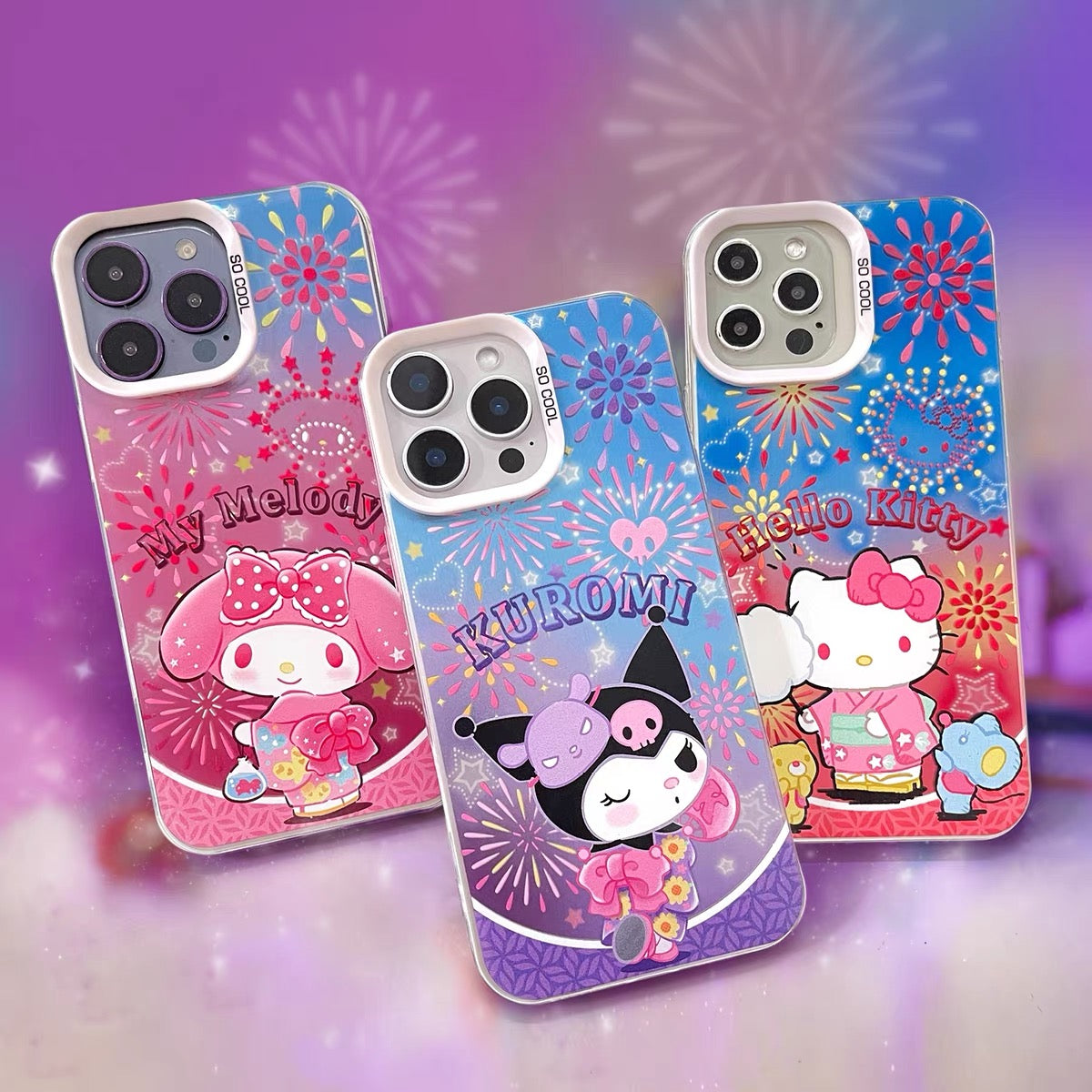 Japanese Cartoon Sanrio Summer Festival Laser Case | Hello Kitty My Melody Kuromi 3 Styles - Phone Case Samsung Galaxy S26 S25 S24 S23 S22 S21 FE Ultra Edge