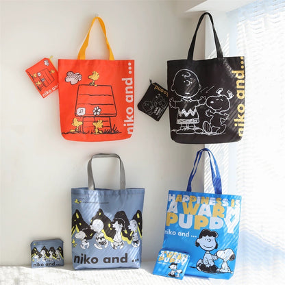 Cartoon Design Cute White Dog and Friends Fold Up Tote Bag | Orange Black Grey Blue Dog House - Kawaii Little Bag