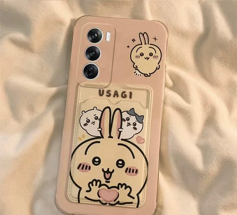 Japanese Cartoon Chiikawa | ChiiKawa Hachiware Usagi Happy Good with Card Holder & Handle Strap - Phone Case Samsung Galaxy S25 S24 S23 S22 S21 FE Ultra Edge