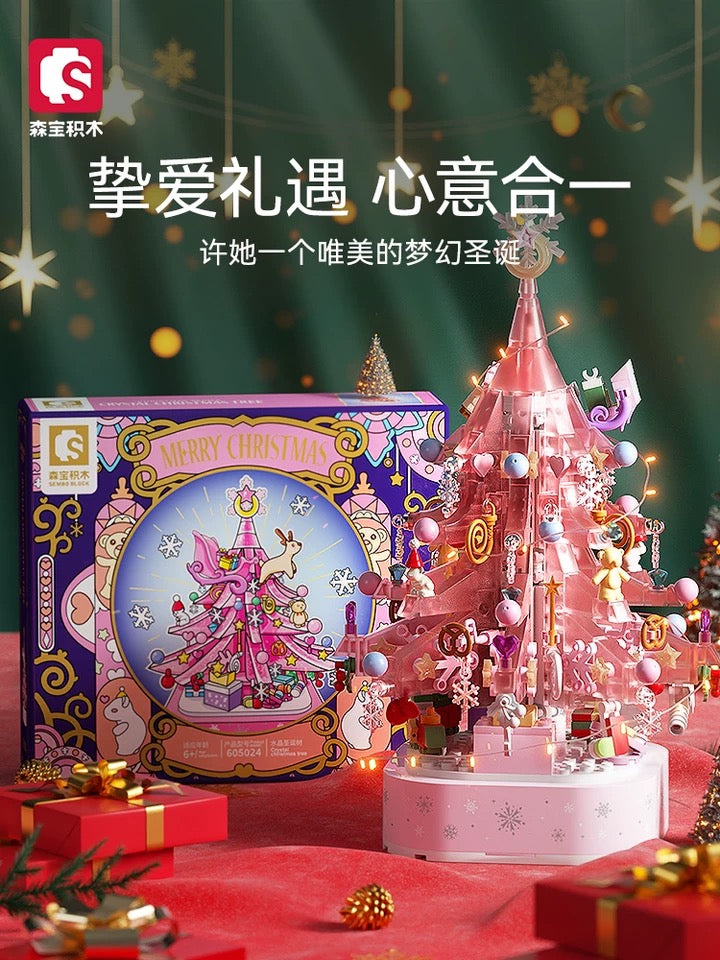 Mini Block Building Block Crystal Christmas Tree Music Box | Pink - DIY Handmade Xmas Gift