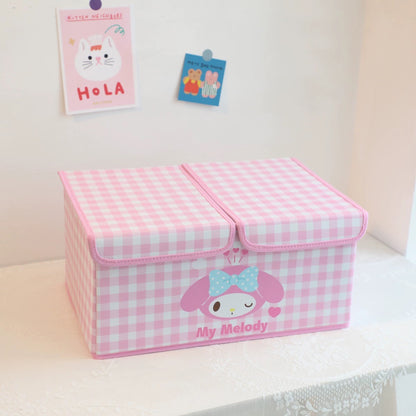 Japanese Cartoon 2 Covers Colourful Checkered Pattern Storage Box with Cover | Hello Kitty My Melody Kuromi Little Twin Stars Cinnamoroll Pompompurin Pochacco KeroKeroKeroppi Bad Badtz Maru - Bedroom Girl Gift