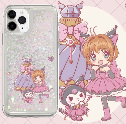Japanese Anime CardCaptorSakura Sakura Kuromi Black Cat - Silver Pink Heart Glitter QuickSand iPhone Case 6 7 8 PLUS SE2 XS XR X 11 12 13 14 15 Pro Promax 12mini 13mini