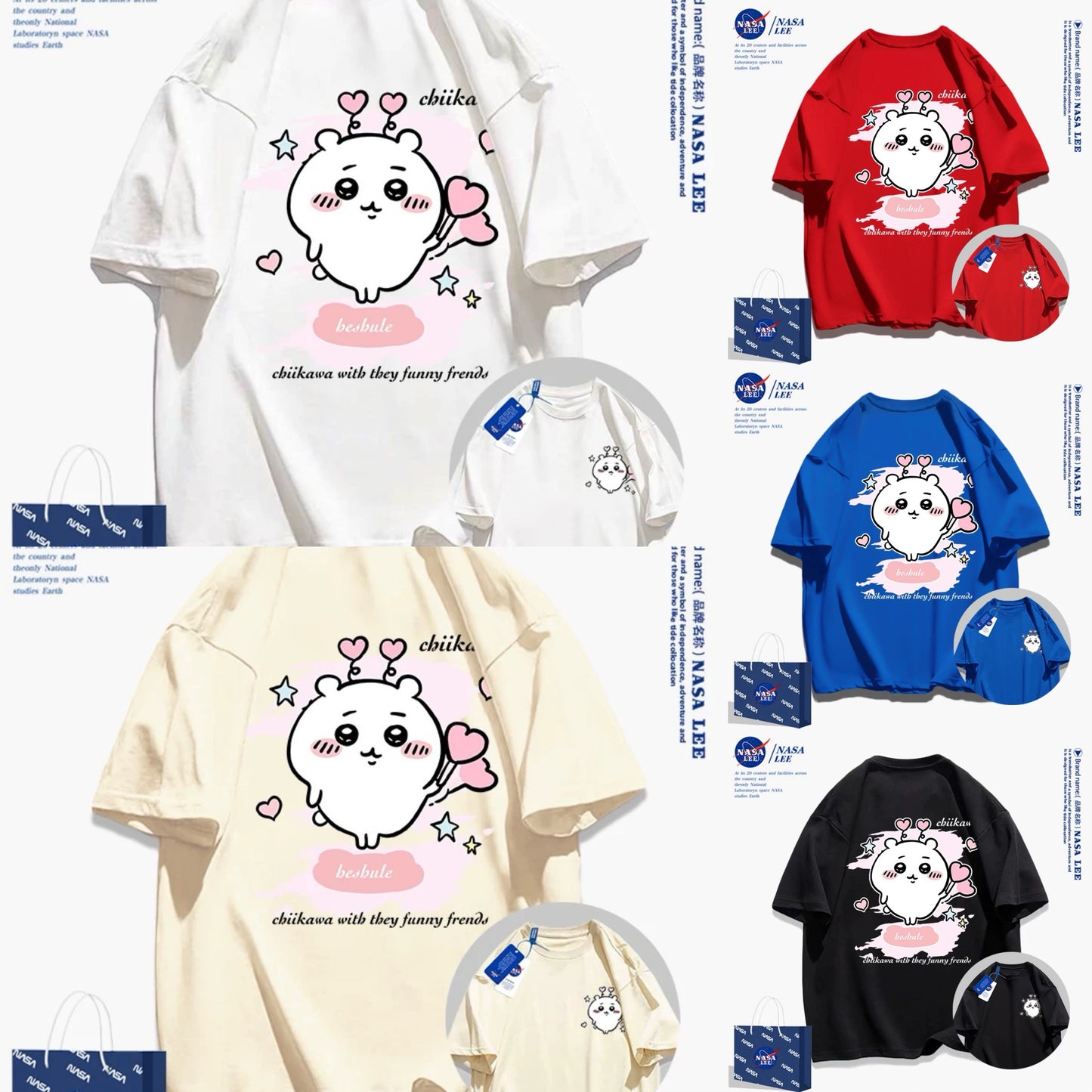 Japanese Cartoon ChiiKawa Casual Style T-Shirt Series | Chiikawa Heart Cheer Up Front & Back - Kawaii Fashion Items