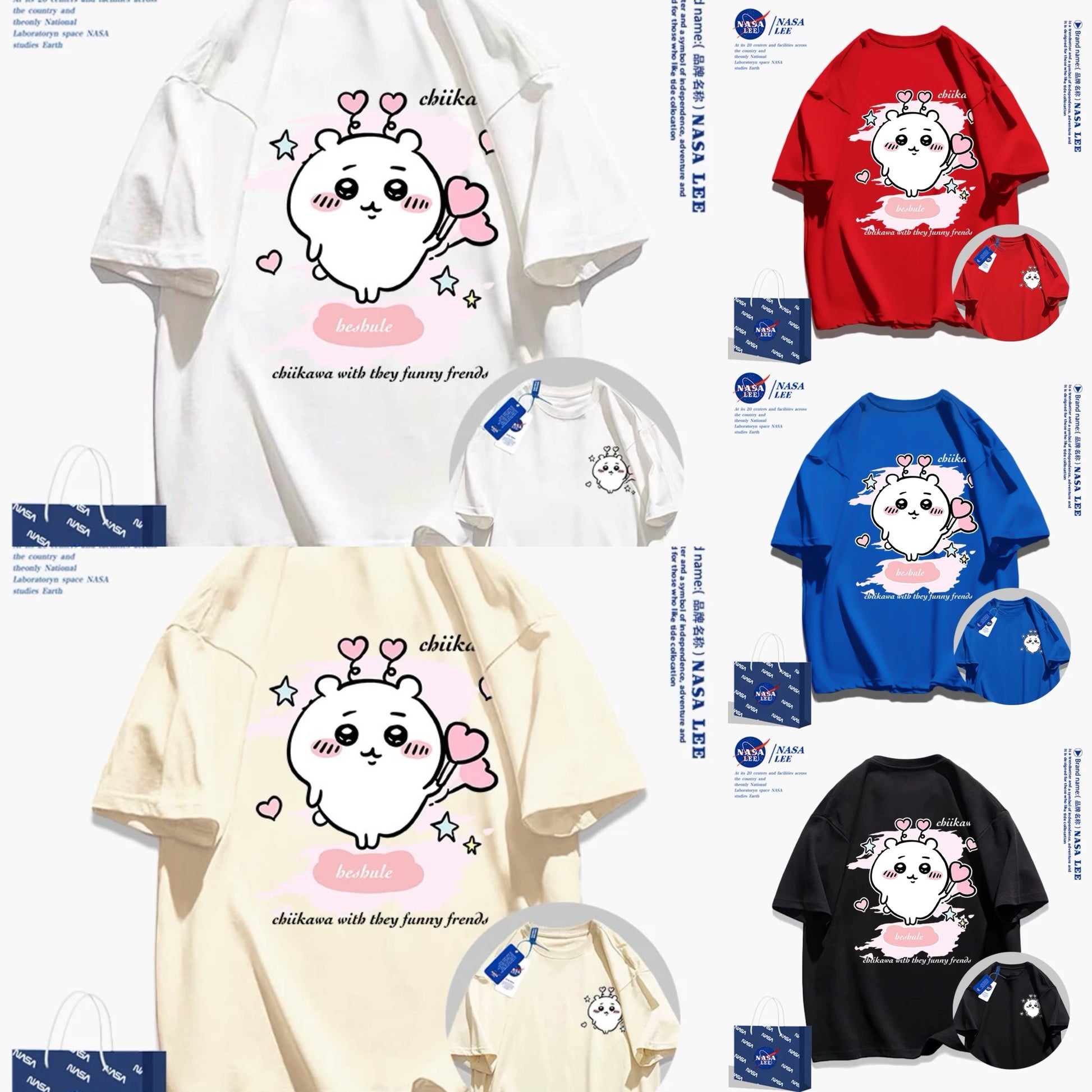 Japanese Cartoon ChiiKawa Casual Style T-Shirt Series | Chiikawa Heart Cheer Up Front & Back - Kawaii Fashion Items