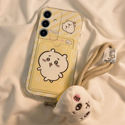 Japanese Cartoon Chiikawa | ChiiKawa Hachiware Usagi with Card Holder & Handle Strap - Phone Case Samsung Galaxy S25 S24 S23 S22 S21 FE Ultra Edge