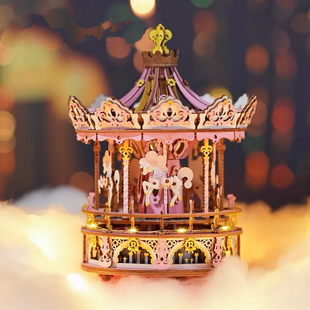 Craft Kits Wooden Music Box | Candy Pink Romantic Merry Go Round - DIY Handmade Mini World Miniature Gift