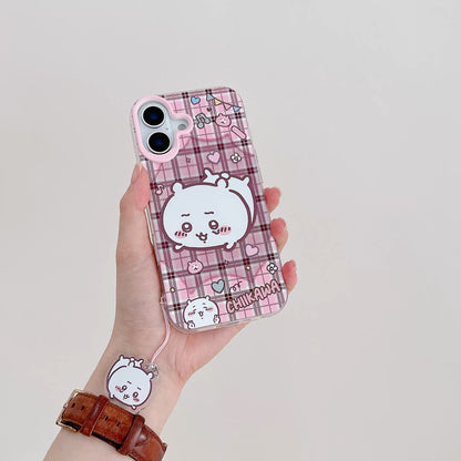 Japanese Cartoon ChiiKawa Laser Phone Case with Strap | Retro Plaid ChiiKawa Hachiware Usagi Momonga - iPhone Case PLUS SE2 11 12 13 14 15 16 16e 17 17e Pro Promax 12mini 13mini