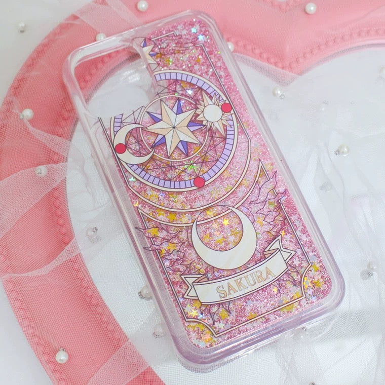 Japanese Anime CardCaptorSakura Sakura Card- Pink Heart Glitter QuickSand iPhone Case 6 7 8 PLUS SE2 XS XR X 11 12 13 14 15 Pro Promax 12mini 13mini