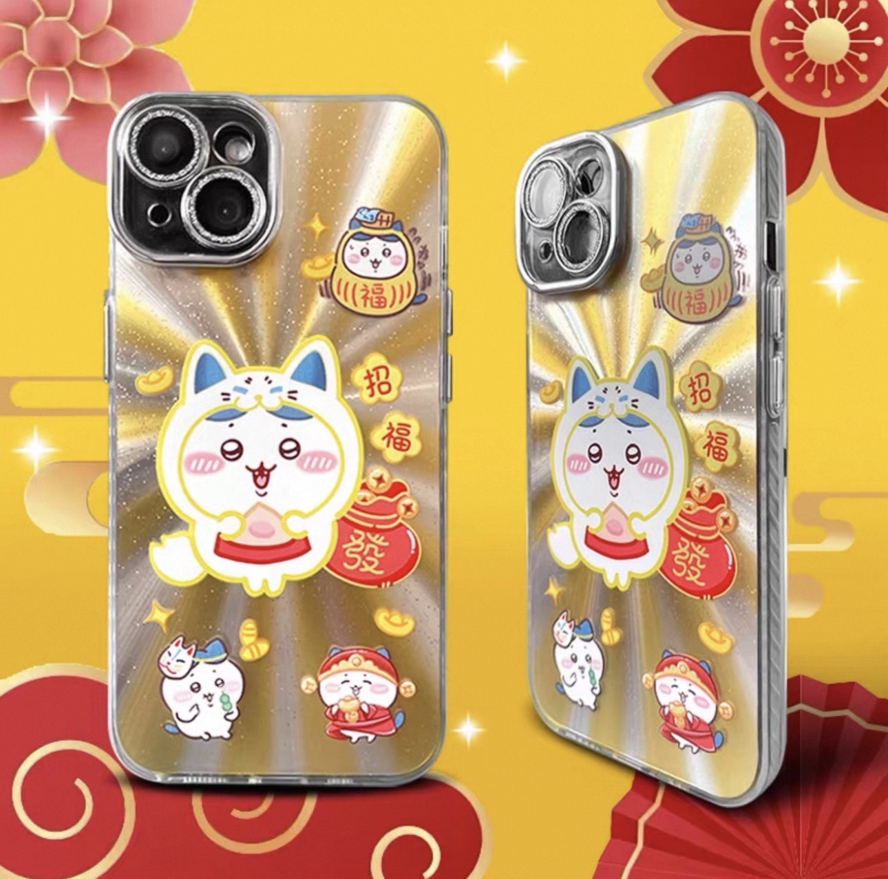 Japanese Cartoon ChiiKawa Folklore Kitsune Gold Laser Case | ChiiKawa Hachiware Usagi Momonga - iPhone Case 11 12 13 14 15 16 16e 17 17e Pro Promax