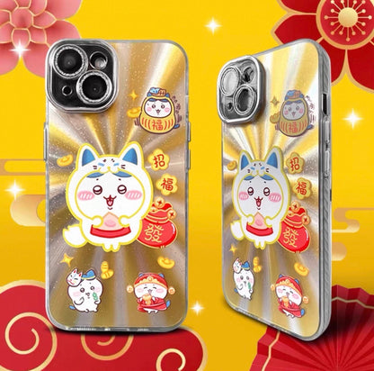 Japanese Cartoon ChiiKawa Folklore Kitsune Gold Laser Case | ChiiKawa Hachiware Usagi Momonga - iPhone Case 11 12 13 14 15 16 16e 17 17e Pro Promax