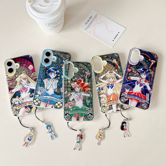 Japanese Cartoon Sailor Moon Phone Case with Strap Comic Version | Laser Glass Window Sailor Moon Mercury Mars Jupiter Venus - Phone Case Samsung Galaxy S26 S25 S24 S23 S22 S21 FE Ultra Edge