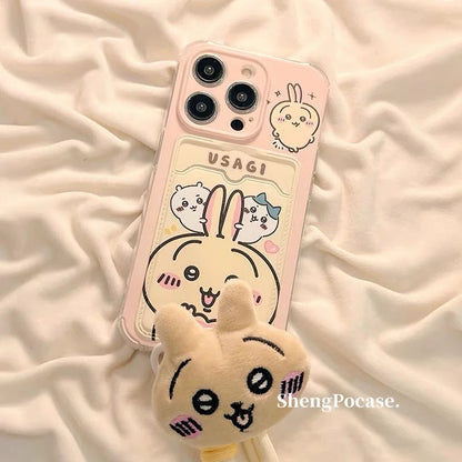 Japanese Cartoon Chiikawa | ChiiKawa Hachiware Usagi Happy Good with Card Holder & Handle Strap - iPhone Case 11 12 13 14 15 16 17 Pro Promax
