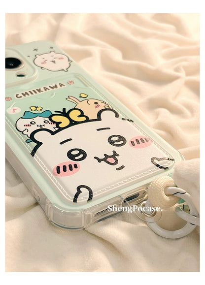 Japanese Cartoon Chiikawa | ChiiKawa Hachiware Usagi Happy Good with Card Holder & Handle Strap - iPhone Case 11 12 13 14 15 16 17 Pro Promax