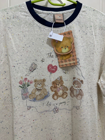 Korean Fashion Cute Animals Style T-Shirt Series | Vintage 3 Teddy Bear with Pearl - Kawaii Fashion Items