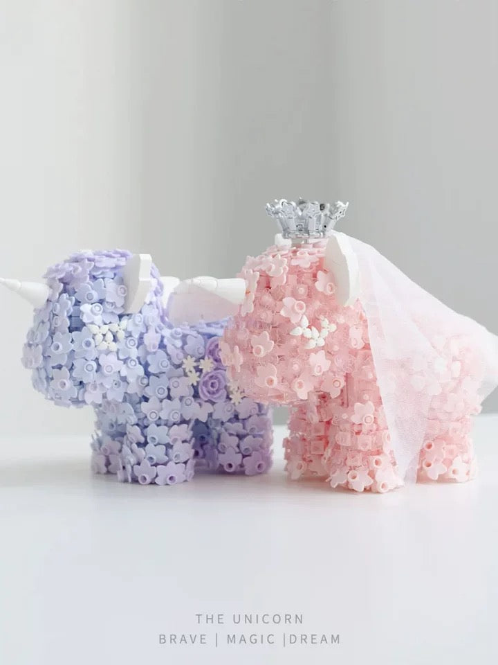 Mini Block Building Block Flower Unicorn | Pink Purple - with LED Lights Valentine Wedding Gift DIY Handmade Gift