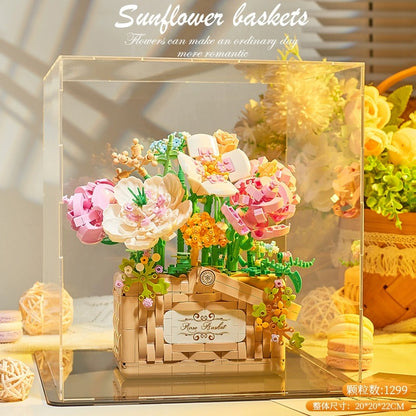 Mini Block Building Romantic Flower | SunFlower Rose Baskets - with Aromatherapy Tablets and LED Lights DIY Handmade Gift