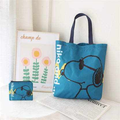 Cartoon Design Cute White Dog and Friends Fold Up Tote Bag | Sky Blue Red Yellow Green School Bus Sunglasses - Kawaii Little Bag