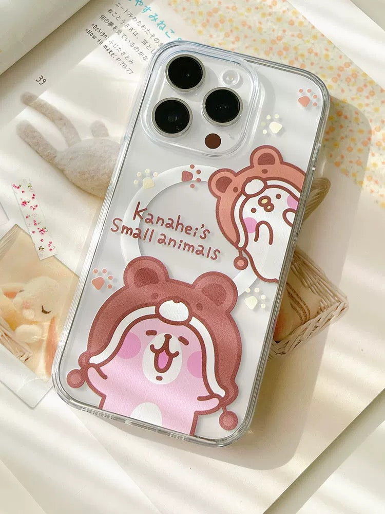 Japanese Cartoon Kanahei | Winter with Bear Hat Pink Rabbit and White Chicken - iPhone Case 12 13 14 15 Pro Promax