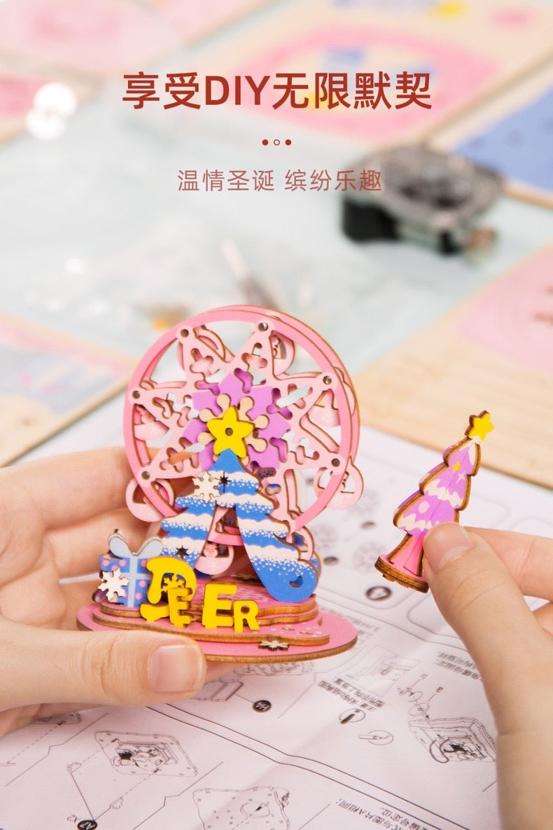 Craft Kits Wooden Music Box | Merry Christmas & Christmas Pink Deer - DIY Handmade Mini World Miniature Gift