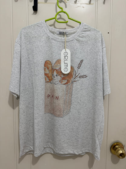 Korean Fashion Cute Animals Style T-Shirt Series | Cat in Paper Bag with French Bread - Kawaii Fashion Items