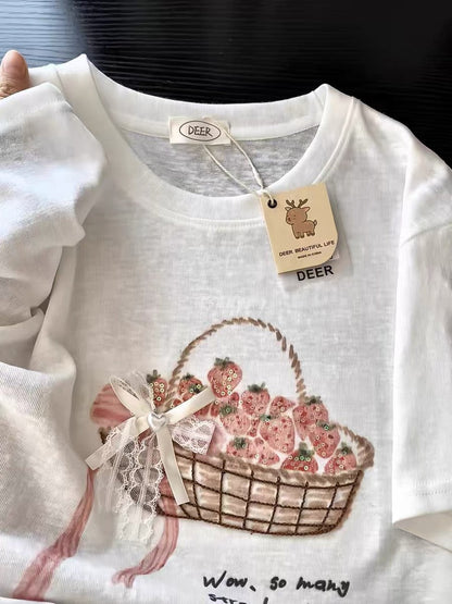 Korean Fashion Cute Fruits Style T-Shirt Series | Bling Strawberry Basket - Kawaii Fashion Items