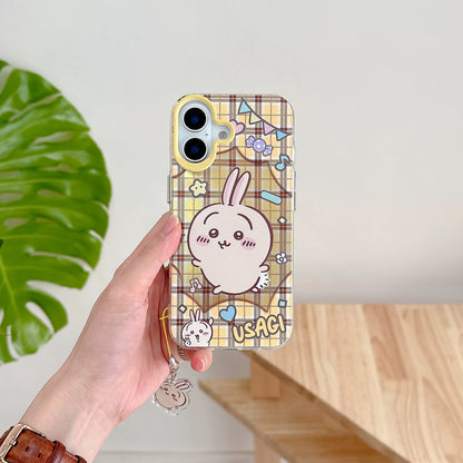 Japanese Cartoon ChiiKawa Laser Phone Case with Strap | Retro Plaid ChiiKawa Hachiware Usagi Momonga - iPhone Case PLUS SE2 11 12 13 14 15 16 16e 17 17e Pro Promax 12mini 13mini