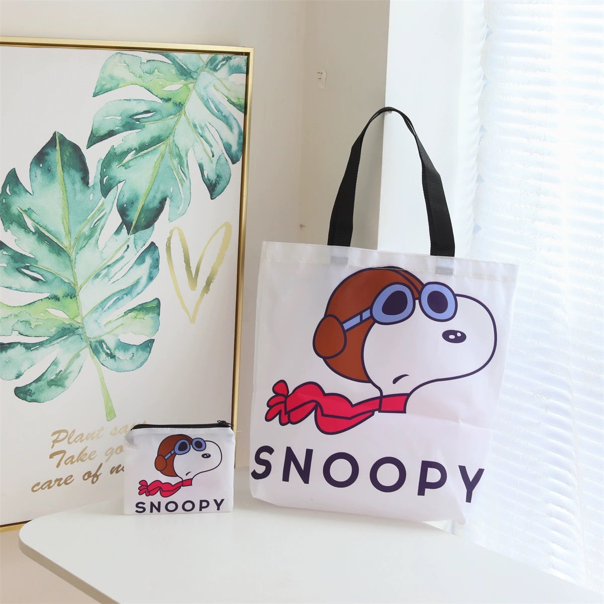 Cartoon Design Cute White Dog and Friends Fold Up Tote Bag | Pilot Charlie Brown - Kawaii Little Bag