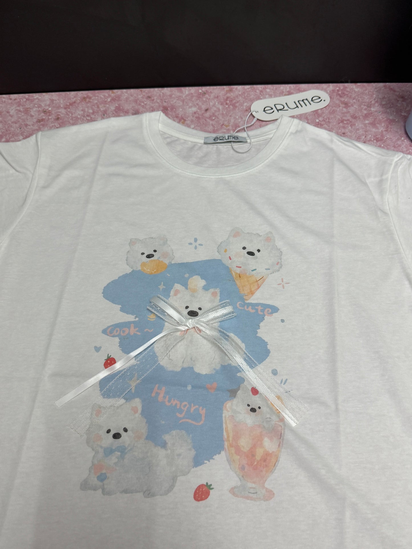 Korean Fashion Cute Animals Style T-Shirt Series | White Puppy Samoyed Dog with Sweets - Kawaii Fashion Items