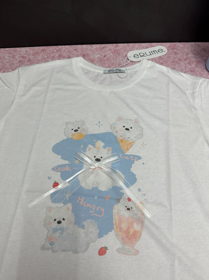 Korean Fashion Cute Animals Style T-Shirt Series | White Puppy Samoyed Dog with Sweets - Kawaii Fashion Items